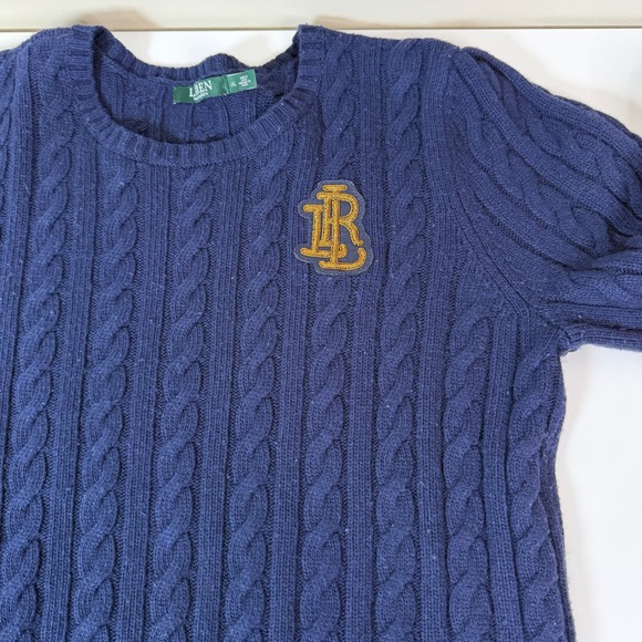 Lauren Ralph Lauren Womens XL Navy Cable Knit Embellished Puff Sleeve Sweater - Picture 8 of 8